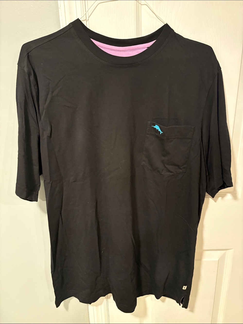 Tommy Bahama Black Short-Sleeve Pocket Tee with Pink Neck Band and Blue Logo